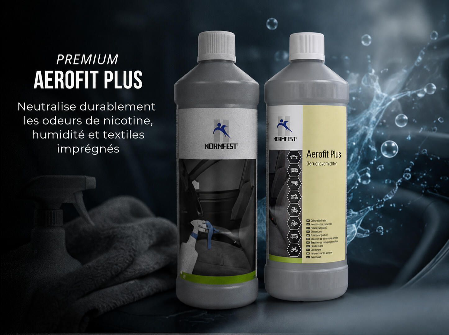 AEROFIT PLUS 2 bouteilles AEROFIT PLUS Normfest destructeurs d’odeurs et rafraîchisseurs d’air professionnels
